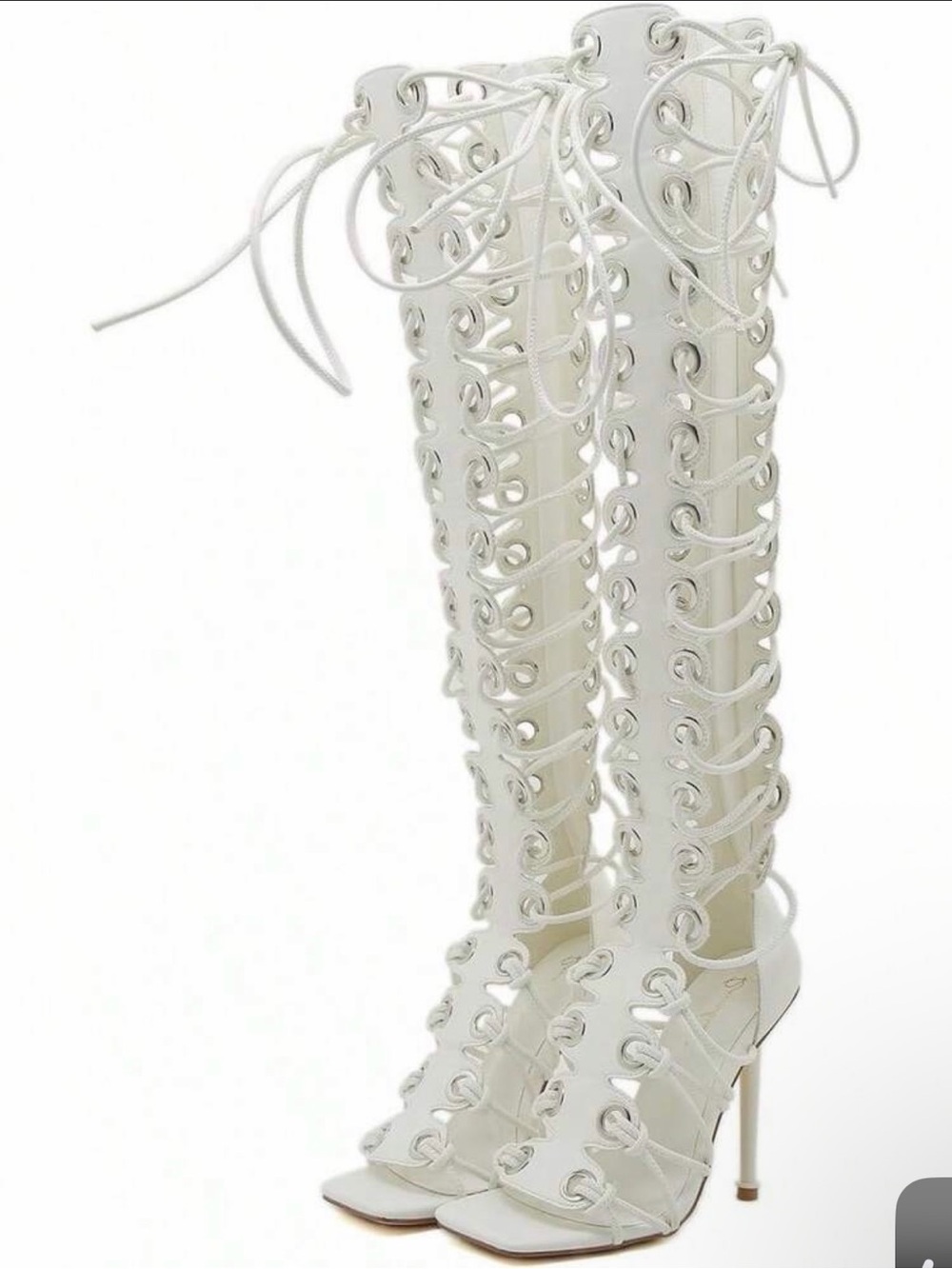White gladiator Lace-Up Knee-High Stiletto Sandals